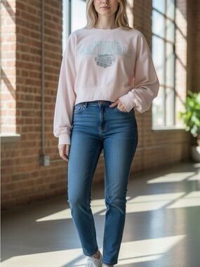 Varsity NCA Cheer Nationals Pink Long-Sleeve Cropped Crewneck Ribbed Sweatshirt